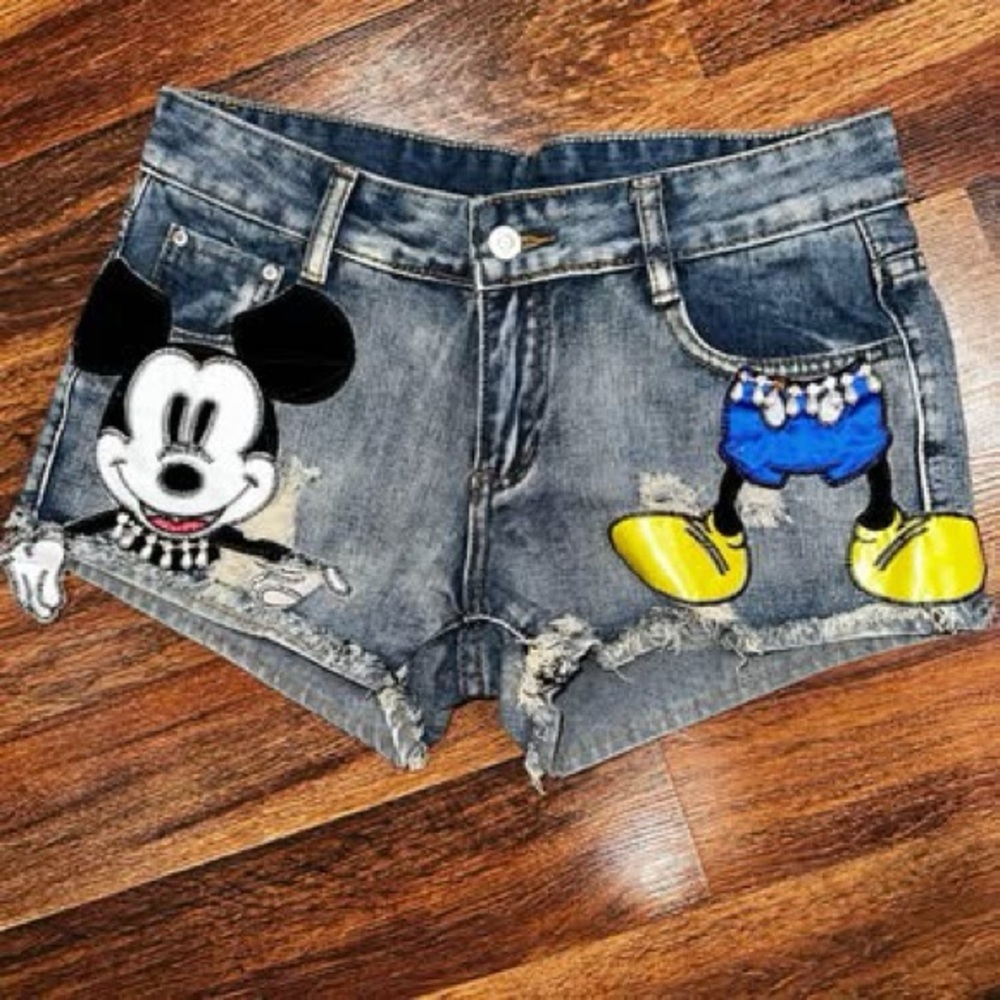 New Women's Distressed Denim Shorts - Mickey Mouse